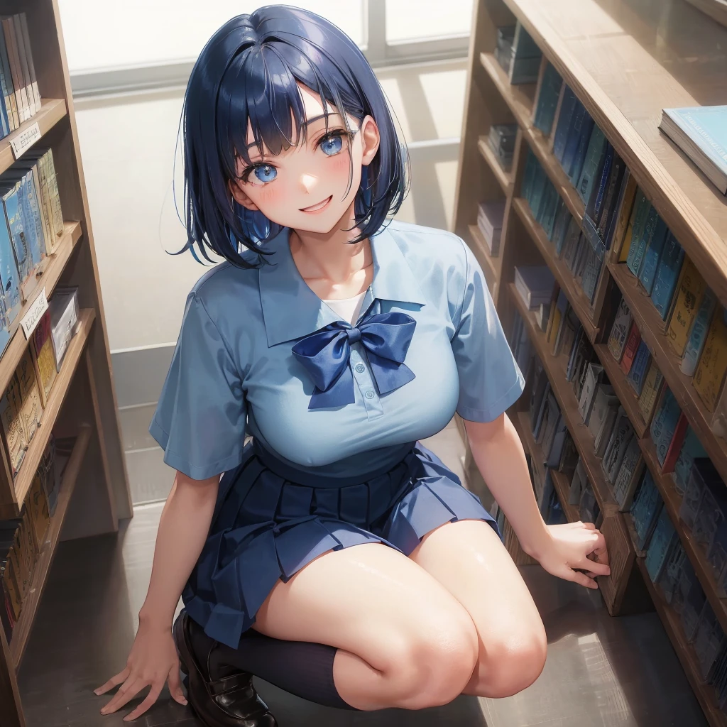 1. High school girl　-yeld fee　Bobcut　dark blue hair color　High School Uniform　Light blue Y-shirt　Short sleeve　Blue Ribbon　dark blue hair color　Slim figure　Large Breasts　Full body portrait　学校のlibrary　Smiling Kindly　Cheerful expression　library　Hand Signs　Squat　Kneel　Look up here　