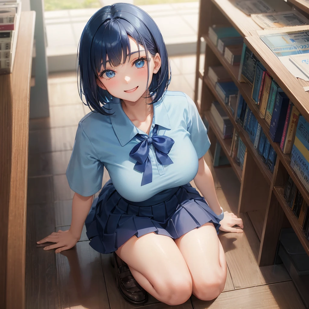 1. High school girl　-yeld fee　Bobcut　dark blue hair color　High School Uniform　Light blue Y-shirt　Short sleeve　Blue Ribbon　dark blue hair color　Slim figure　Large Breasts　Full body portrait　学校のlibrary　Smiling Kindly　Cheerful expression　library　Hand Signs　Squat　Kneel　Look up here　