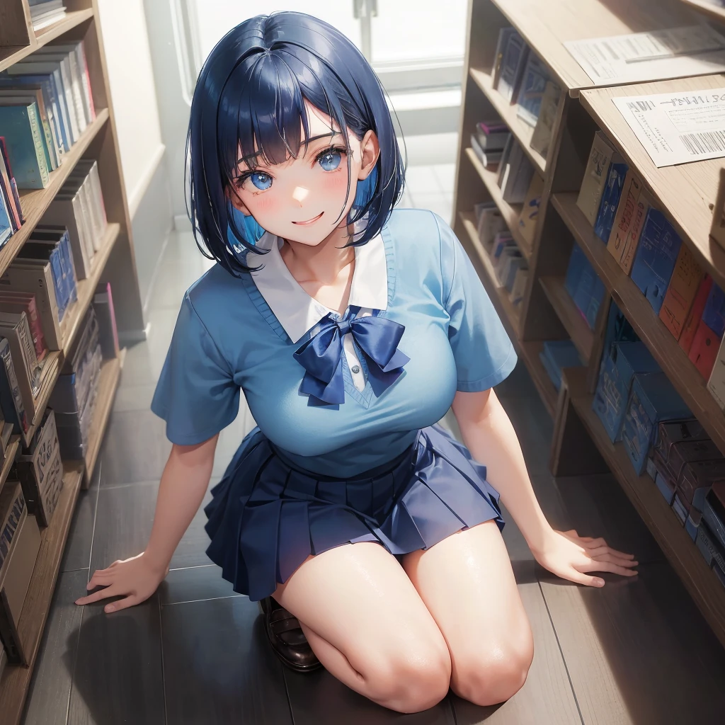 1. High school girl -yeld fee Bobcut dark blue hair color High School Uniform Light blue Y-shirt Short sleeve Blue Ribbon dark blue hair color Slim figure Large Breasts Full body portrait 学校のlibrary Smiling Kindly Cheerful expression library Hand Signs Squat Kneel Look up here