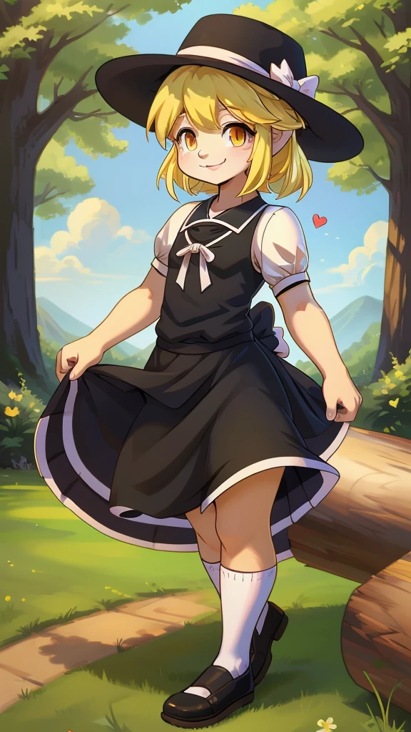 1girl, , , masterpiece, best quality, 10 years old, medium blonde hair, forehead visible bags, yellow eyes, hat, heart, black headwear, puffy short sleeves, log black skirt, heart hads,,1girl, solo, yellow eyes, yellow hair, bow, hat bow, socks, black footwear, black skirt, short sleeves, yuki (touhou), black vest, white sleeves, frill skirt, light smile