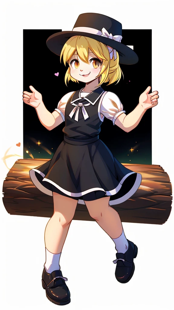 1girl, , , masterpiece, best quality, 10 years old, medium blonde hair, forehead visible bags, yellow eyes, hat, heart, black headwear, puffy short sleeves, log black skirt, heart hads,,1girl, solo, yellow eyes, yellow hair, bow, hat bow, socks, black footwear, black skirt, short sleeves, yuki (touhou), black vest, white sleeves, frill skirt, light smile