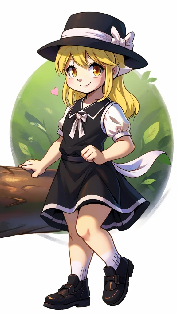 1girl, , , masterpiece, best quality, 10 years old, medium blonde hair, forehead visible bags, yellow eyes, hat, heart, black headwear, puffy short sleeves, log black skirt, heart hads,,1girl, solo, yellow eyes, yellow hair, bow, hat bow, socks, black footwear, black skirt, short sleeves, yuki (touhou), black vest, white sleeves, frill skirt, light smile