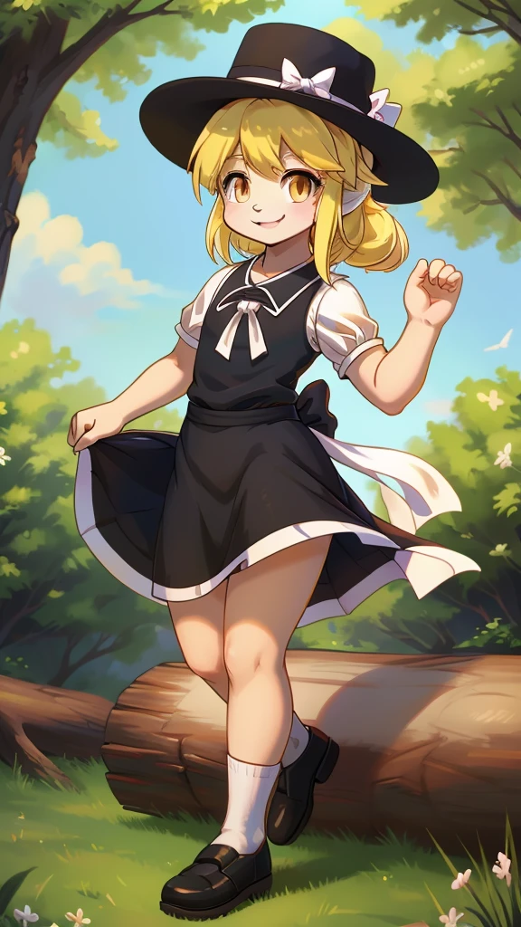 1girl, , , masterpiece, best quality, 10 years old, medium blonde hair, forehead visible bags, yellow eyes, hat, heart, black headwear, puffy short sleeves, log black skirt, heart hads,,1girl, solo, yellow eyes, yellow hair, bow, hat bow, socks, black footwear, black skirt, short sleeves, yuki (touhou), black vest, white sleeves, frill skirt, light smile
