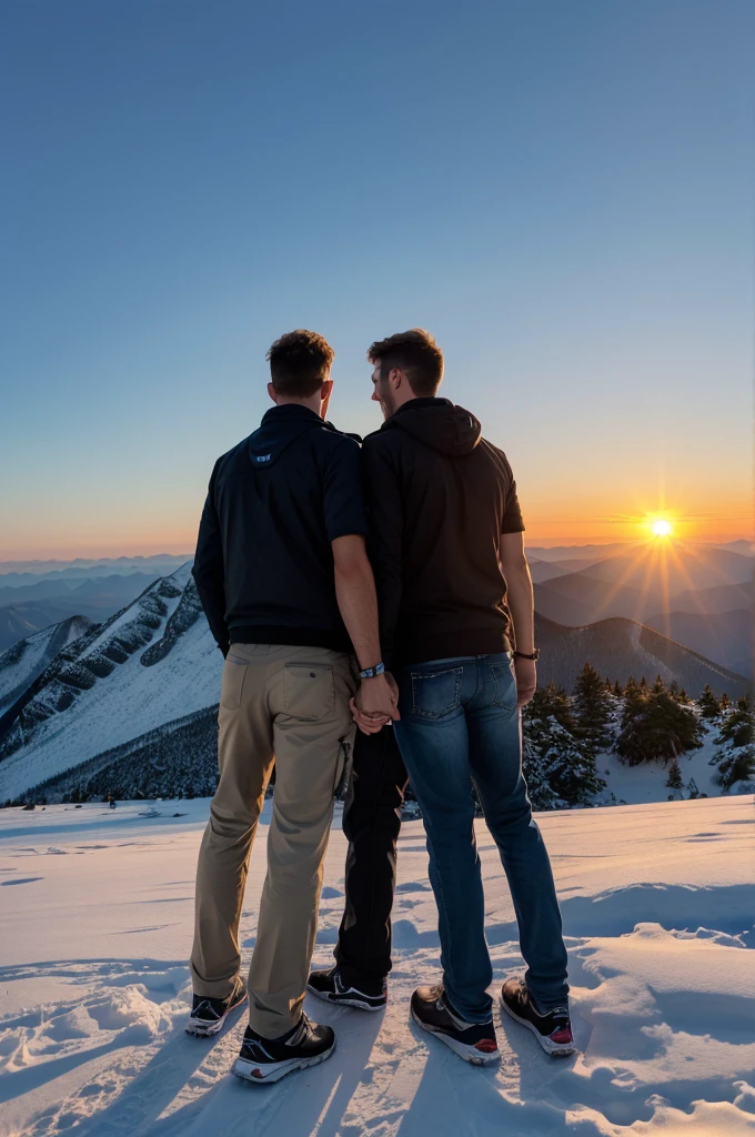Two male friends are holding hands on a tall mountain and there is a small mountain on the side. The sun is setting. Behind both friends is a Mercedes car.