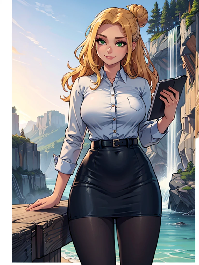 ((art by Kipteitei)), ((Masterpiece, best quality, perfect lighting, amazing shading)), (perfect ???????, realistic proportions), field of depth, extremely beautiful, 1girl, (blond hair), long hair, hair bun, green eyes, pencil skirt, dress shirt, black tights, cute smile, ((holding notebook)), legs together, beach background with cliff and waterfall, detailed background, (cowboy shot)
