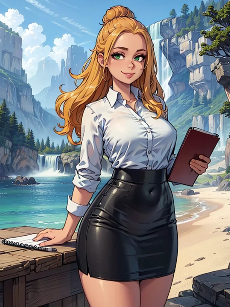 ((art by Kipteitei)), ((Masterpiece, best quality, perfect lighting, amazing shading)), (perfect anatomy, realistic proportions), field of depth, extremely beautiful, 1girl, (blond hair), long hair, hair bun, green eyes, pencil skirt, dress shirt, black tights, cute smile, ((holding notebook)), legs together, beach background with cliff and waterfall, detailed background, (cowboy shot)