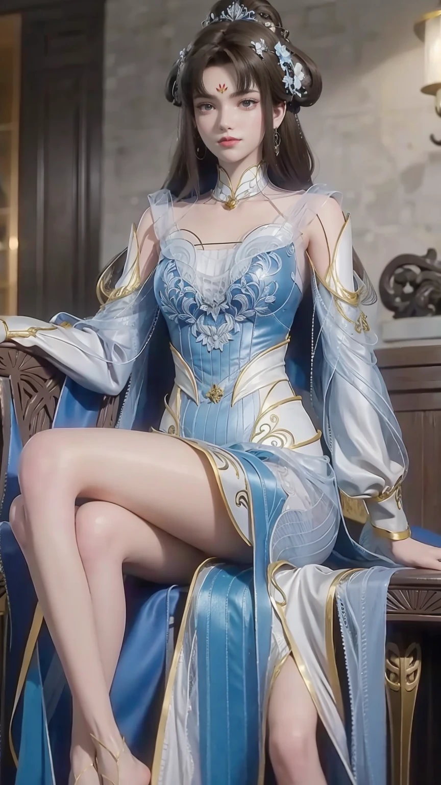 ((Shot in the knee)), ((From below)),A young girl, Wearing a skirt,At the bar, sit on the chair, Cross your legs, Posing elegantly, Detailed scenario, Messy long hair, Brown hair, Light makeup, Blush Blush, Beautiful slender legs, (Very high color saturation), details, Ultra Detailed, (masterpiece, Best quality), (Extremely exquisite and beautiful work), Delicate earrings, Exquisite necklace, Simple blur background, Extremely detailed description, Super Fine, Delicate face, slim body, Thin waist, (Grin), (Anatomically correct),whole body,barefoot