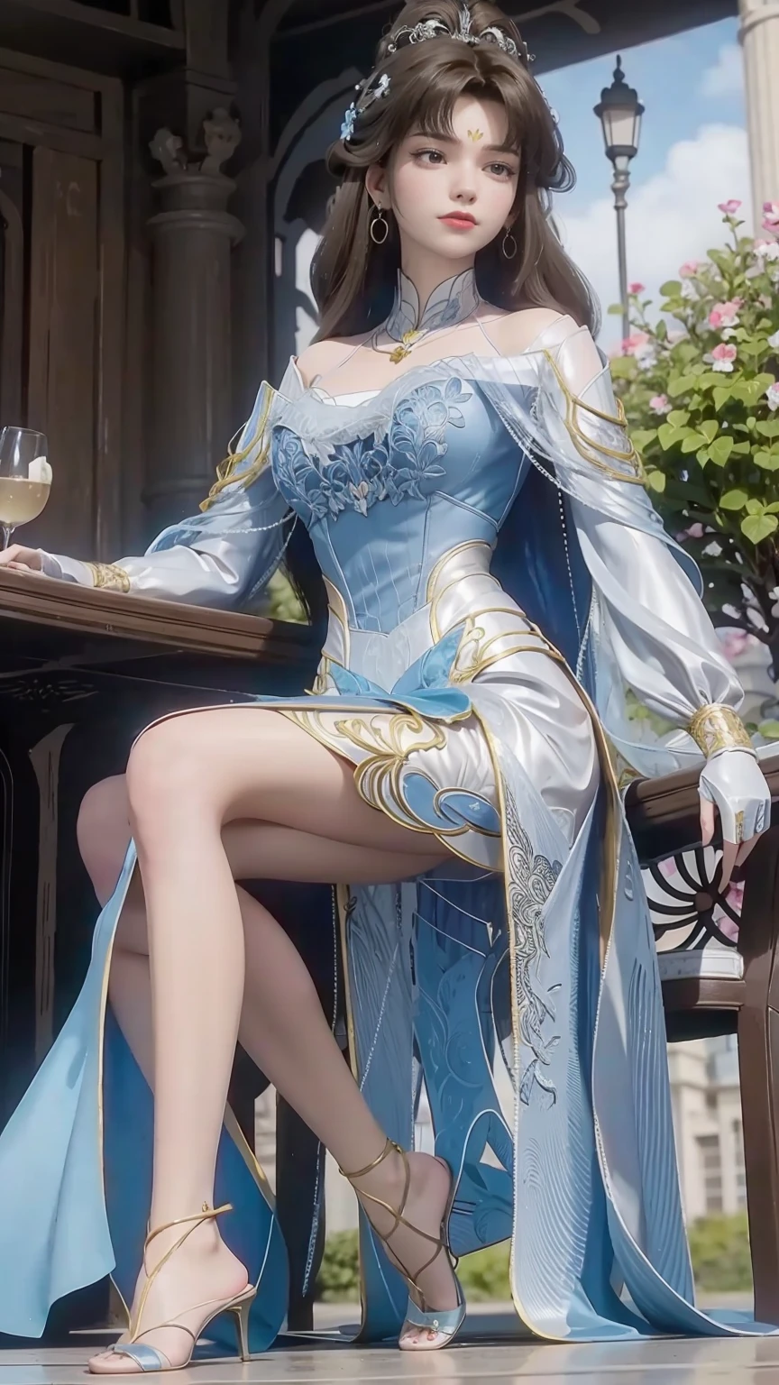 ((Shot in the knee)), ((From below)),A young girl, Wearing a skirt，At the bar, sit on the chair, Cross your legs, Posing elegantly, Detailed scenario, Messy long hair, Brown hair, Light makeup, Blush Blush, Beautiful slender legs, (Very high color saturation), details, Ultra Detailed, (masterpiece, Best quality), (Extremely exquisite and beautiful work), Delicate earrings, Exquisite necklace, Simple blur background, Extremely detailed description, Super Fine, Delicate face, slim body, Thin waist, (Grin), (Anatomically correct)，whole body，barefoot
