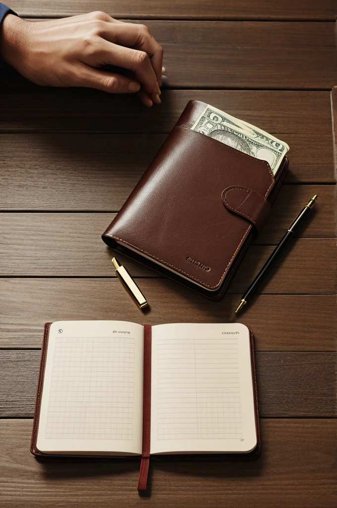 Cuaderno, dinero, calculadora