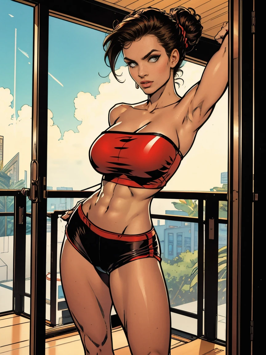 Extremely busty thin and toned brunette, gym girl, fair skin, loose updo, soft face, athletic, strapless bright red tube top, tiny black spandex shorts.  standing by a sliding glass door, gym, windows, stretching.  Gigantic .