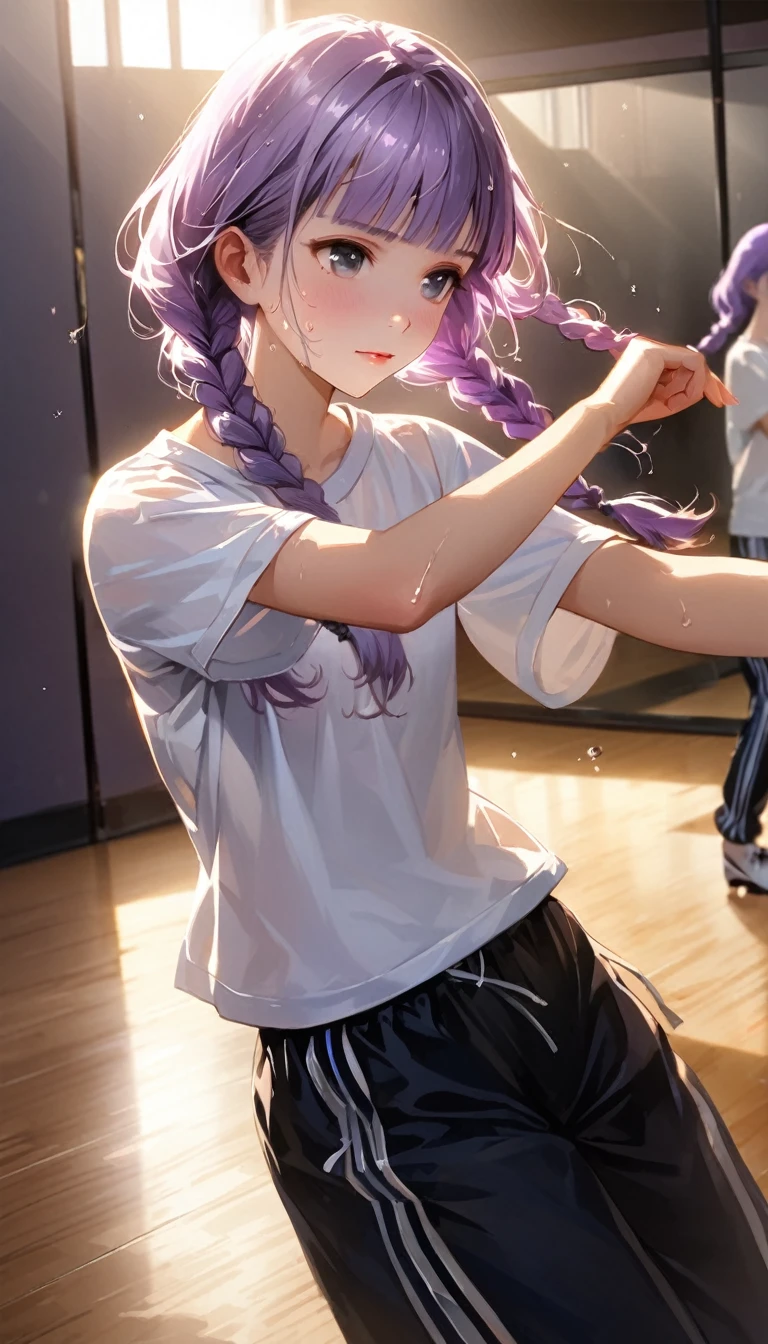(cute a girl:1.5), (one girl with pale purple hair,wavy two braids,blunt bangs hair,green and black eyes,
A girl in a short-sleeved white T-shirt and tracksuit pants, dancing shoes, in a dance studio,:1.4),(masterpiece:1.3), anime visual, (Lovey-dovey:1.5), (tilt head:1.3), extremely delicate face, soft clean focus, realistic lighting and shading, (an extremely delicate and beautiful art:1.3), Dancing in front of a wall full of mirrors, sweat running down my forehead, cowboy shot,