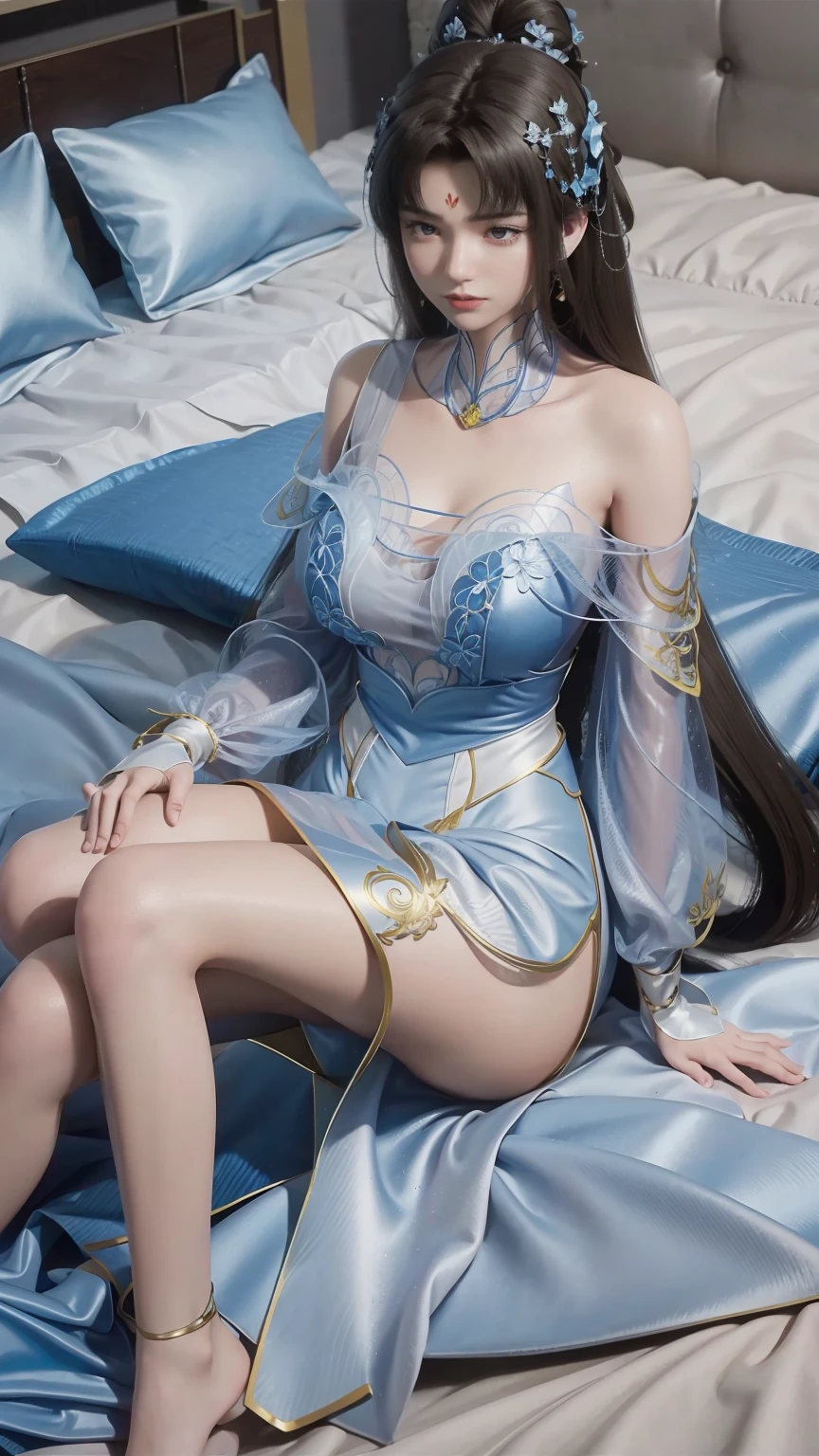 一个女孩Lying in bed，Face up，Raise your legs slightly，Front view super detailed beautiful big breasted girl . Ultra HD, 4k, 8K, Movie，whole body，Lying down，Long legs，Very big breasts，whole body捕捉，（（（Lying in bed））），（（（whole bodyLying in bed））），Blue bed，Off-shoulder，Shoulder to shoulder，Lying in bed，Sleeping on the pillow，Lying down，Headrest pillows，