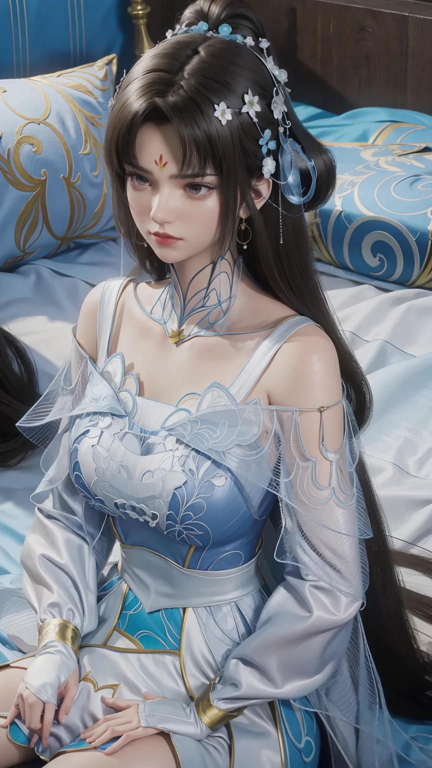 一个女孩Lying in bed，Face up，Raise your legs slightly，Front view super detailed beautiful big breasted girl 16 years old. Ultra HD, 4k, 8K, Movie，whole body，Lying down，Long legs，Very big breasts，whole body捕捉，（（（Lying in bed））），（（（whole bodyLying in bed））），Blue bed，Off-shoulder，Shoulder to shoulder，Lying in bed，Sleeping on the pillow，Lying down，Headrest pillows，