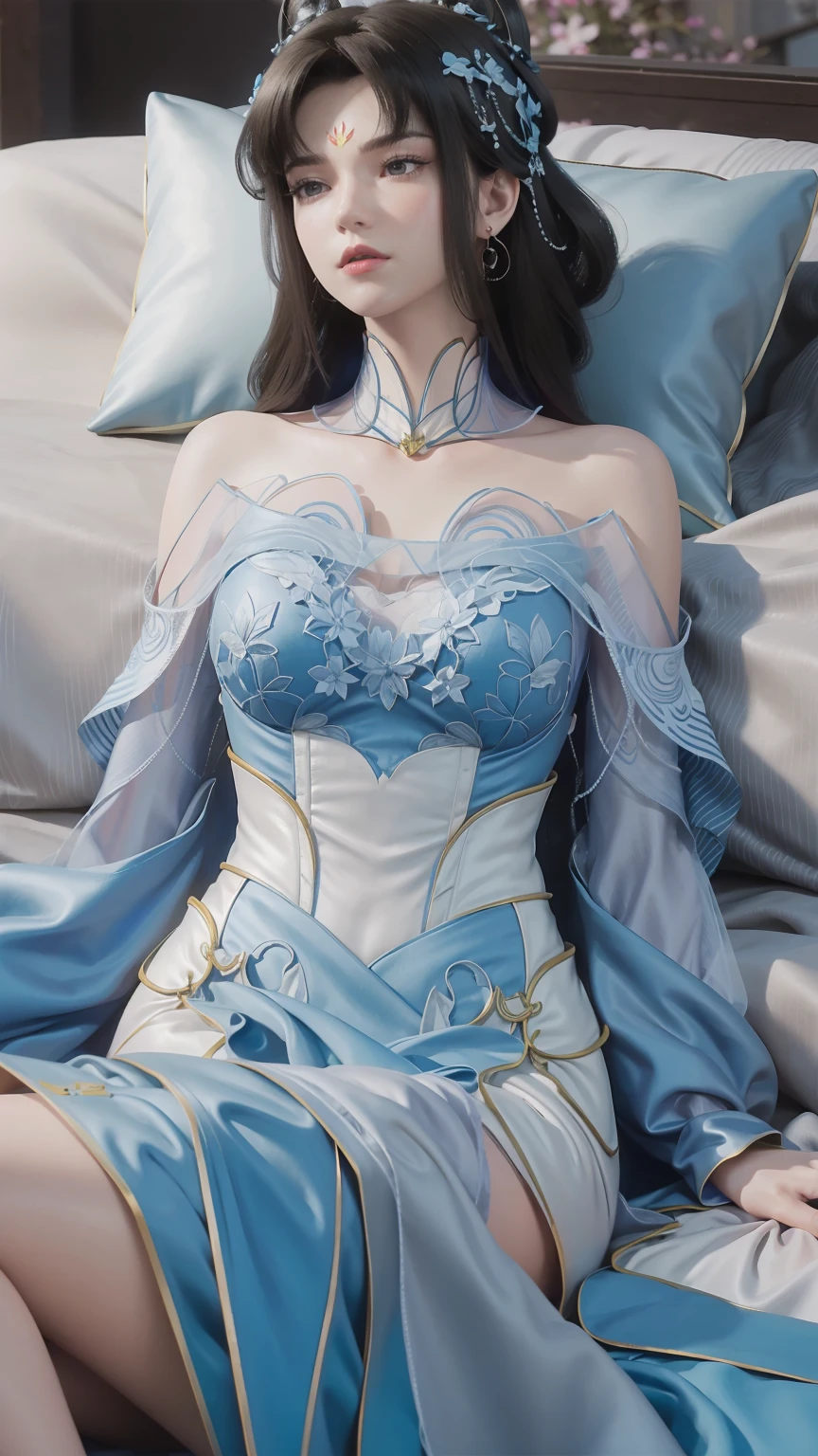 一个女孩Lying in bed，Face up，Raise your legs slightly，Front view super detailed beautiful big breasted girl 16 years old. Ultra HD, 4k, 8K, Movie，whole body，Lying down，Long legs，Very big breasts，whole body捕捉，（（（Lying in bed））），（（（whole bodyLying in bed））），Blue bed，Off-shoulder，Shoulder to shoulder，Lying in bed，Sleeping on the pillow，Lying down，Headrest pillows，