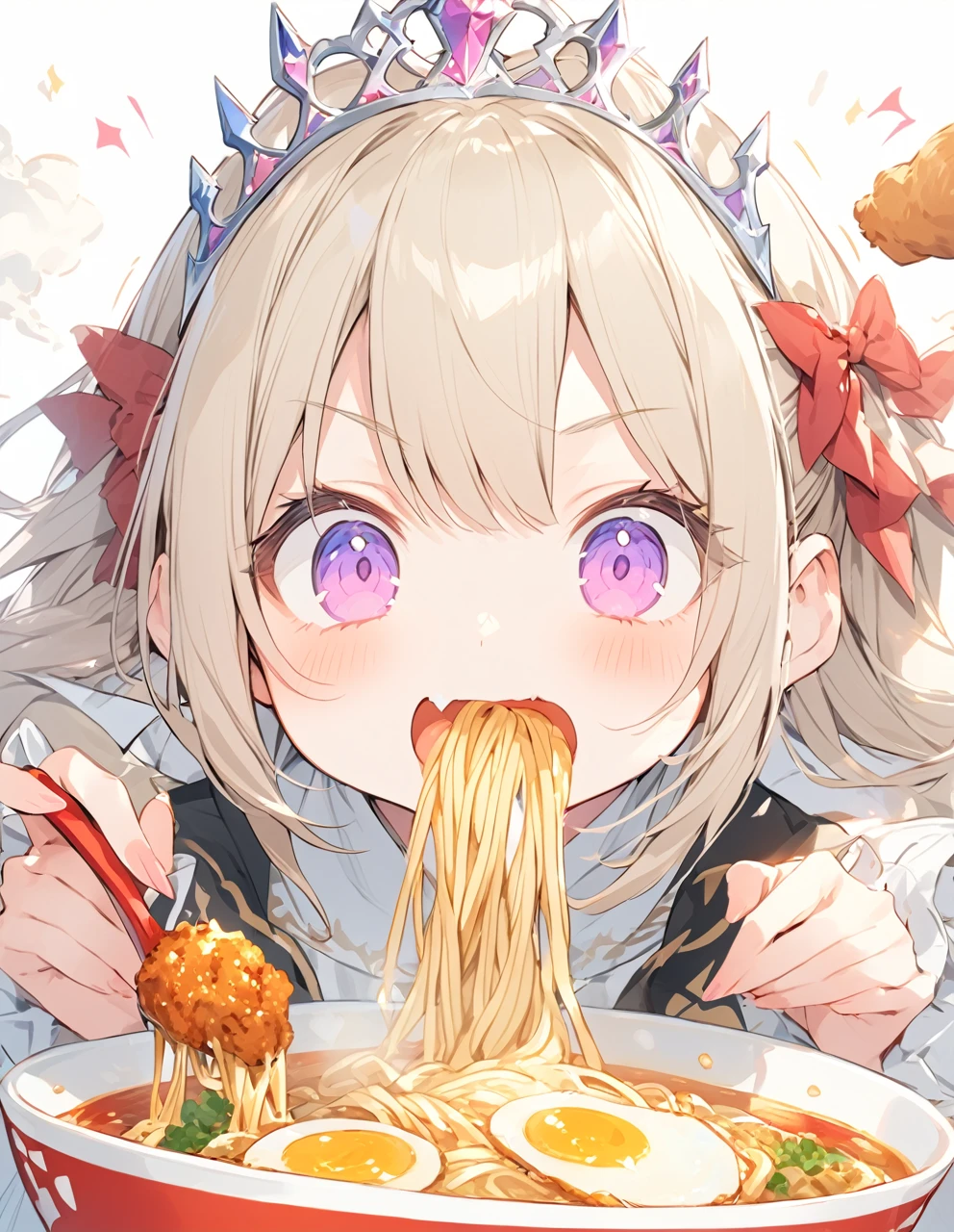 A with a princess tiara lurping ramen. Fried chicken is delicious.