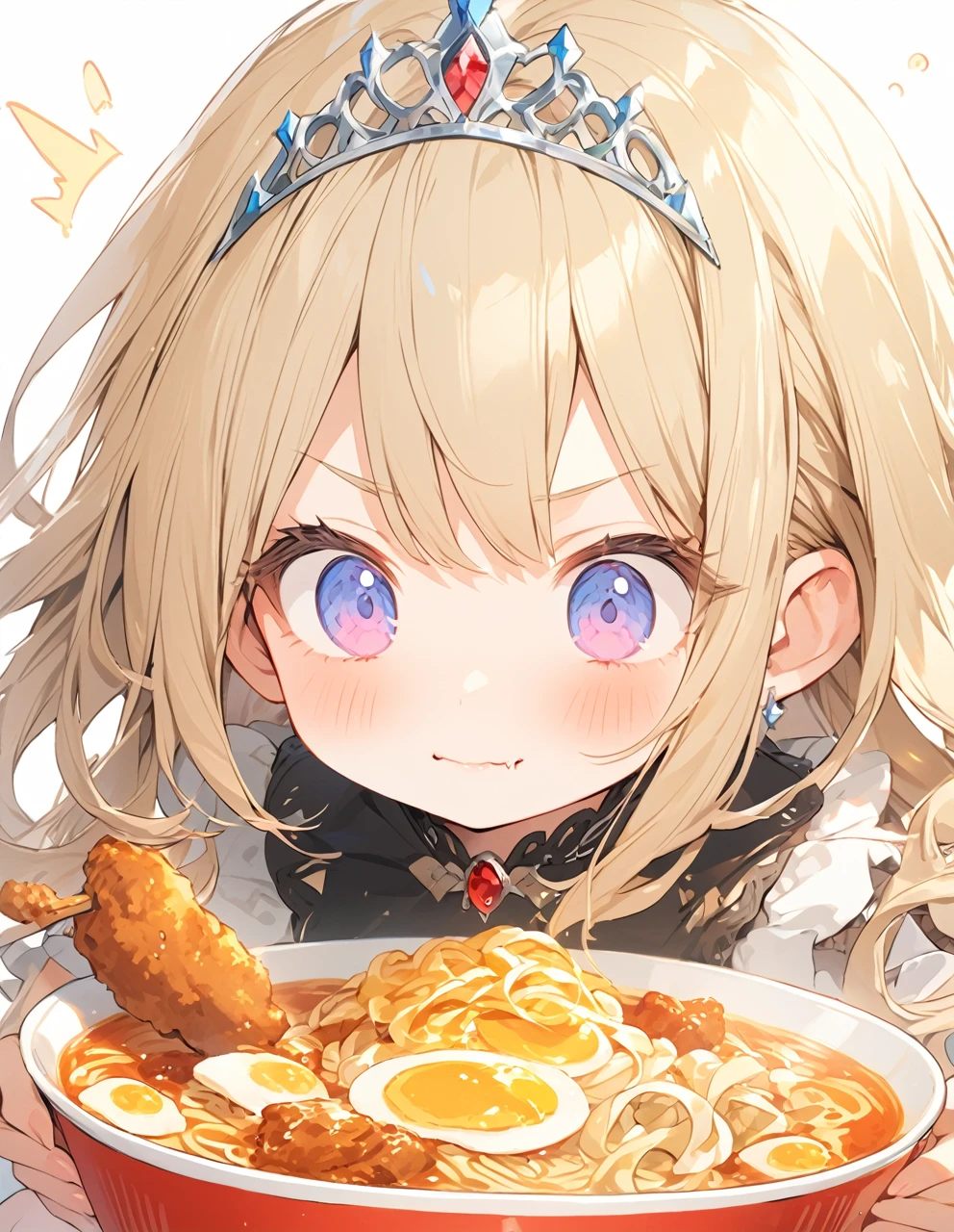 A with a princess tiara lurping ramen. Fried chicken is delicious.