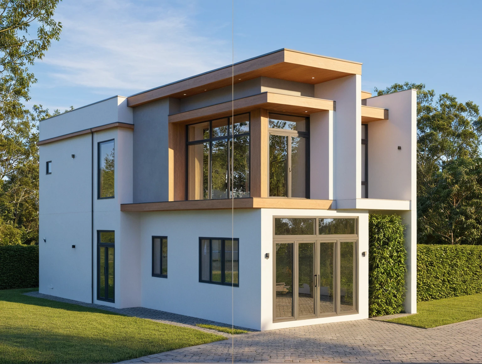 Photo brute,chef-d'artwork, High quality, best quality, authentique, great detail,
Outside, en plein air, style de maison moderne dans la rue, glass windows, grille, plafond en bois,
route,pavement, des arbres, ciel, nuage, (day light:1.1)