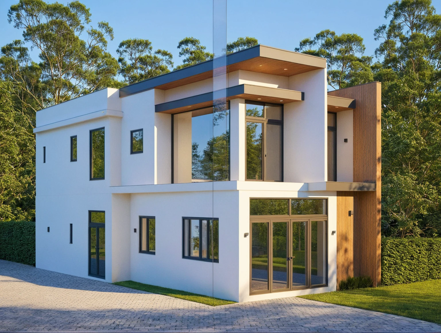 Photo brute,chef-d&#39;artwork, High quality, best quality, authentique, great detail,
Outside, en plein air, style de maison moderne dans la rue, glass windows, grille, plafond en bois,
route,pavement, des arbres, ciel, nuage, (day light:1.1)