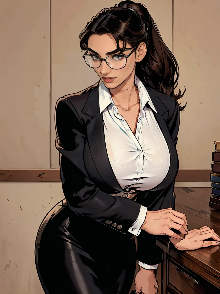 Gorgeous and sultry busty athletic (thin) brunette with sharp facial features and a (large nose) and (huge boobs) wearing a black blazer, white blouse and black pencil skirt, glasses, updo
