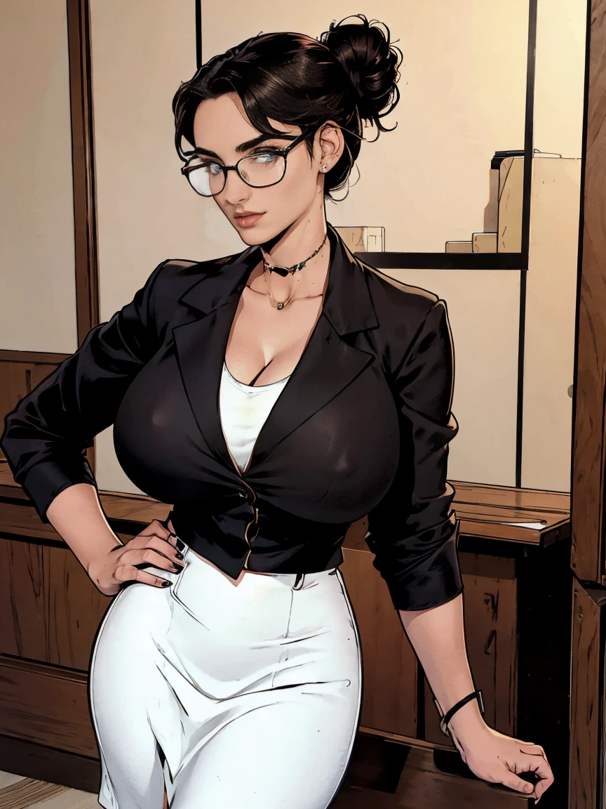 Gorgeous and sultry busty athletic (thin) brunette with sharp facial features and a (large nose) and (huge boobs) wearing a black blazer, white blouse and black pencil skirt, glasses, updo