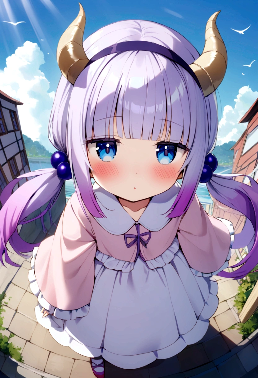 {kanna_kamui_kobayashisanchinomaidragon:1.15}, long_hair, light_purple_hair, blue_eyes, hair_ornament, bangs, blush, multicolored_hair, twintails, blunt_bangs, hair_beads, beads, hairband, gradient_hair, low_twintails, horns, dragon_horns, purple_hair,child's build,bird's-eye view