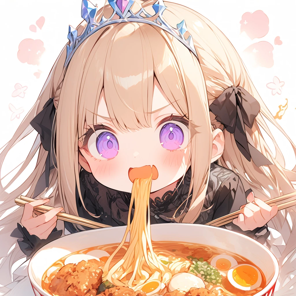 A with a princess tiara lurping ramen. Fried chicken is delicious.