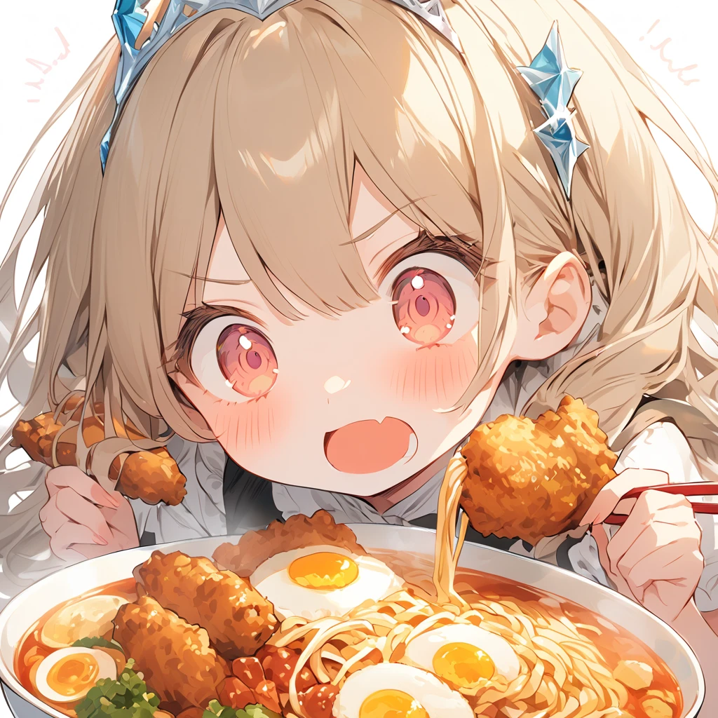 A with a princess tiara lurping ramen. Fried chicken is delicious.