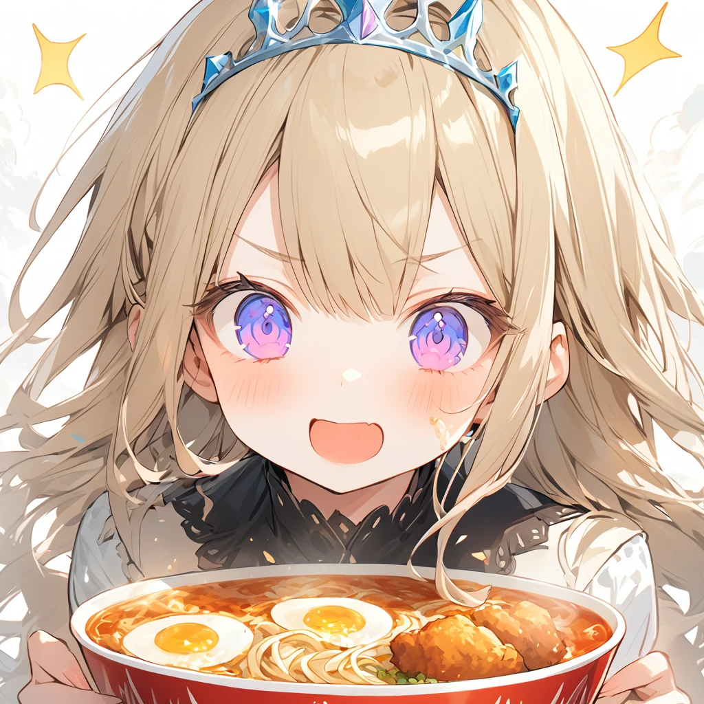 A with a princess tiara lurping ramen. Fried chicken is delicious.