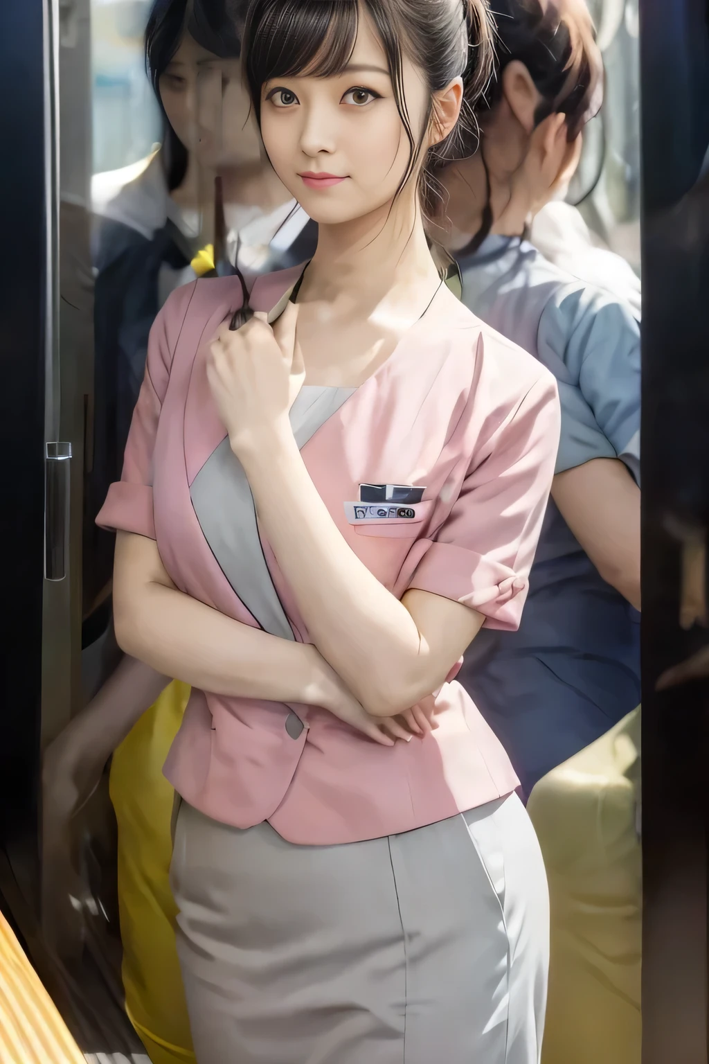 (masterpiece:1.2, Highest quality:1.2), 32K HDR, High resolution, (alone、1 girl)、 (Height: 160cm)、(On the rooftop of a building in the daytime、Professional Lighting)、Building rooftop background、(Nankai train crew uniform pinkを着たリアルスタイル)、(Nankai train crew uniform pink short sleeve collarless pink jacket、Nankai Train Crew Uniform Pink Collarless Short Sleeve Blouse、Nankai Train Crew Uniform Pink Grey Knee-length Culottes)、Dark brown hair、(Hair tied up、Hair tied up、Evening curly hairstyle)、Dark brown hair、Long Shot、Big Breasts、Thin legs、((Great hands:2.0)),((Harmonious body proportions:1.5)),((Normal limbs:2.0)),((Normal finger:2.0)),((Delicate eyes:2.0)),((Normal eyes:2.0)))、smile、(Nankai Train Crew Uniform Pink Grey Knee-length Culottesを見せた美しい歩く姿)、Place your hands around your stomach、Lanyard employee ID card