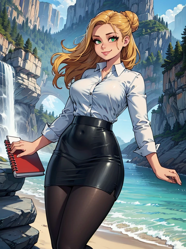 ((art by Kipteitei)), ((Masterpiece, best quality, perfect lighting, amazing shading)), (perfect anatomy, realistic proportions), field of depth, extremely beautiful, 1girl, (blond hair), long hair, hair bun, green eyes, pencil skirt, dress shirt, black tights, cute smile, ((holding notebook)), legs together, beach background with cliff and waterfall, detailed background, (cowboy shot)