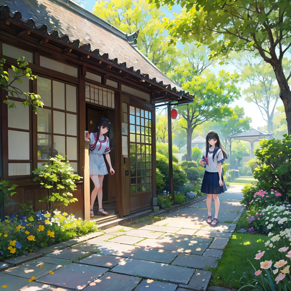 high resolution、university student、garden、stroll