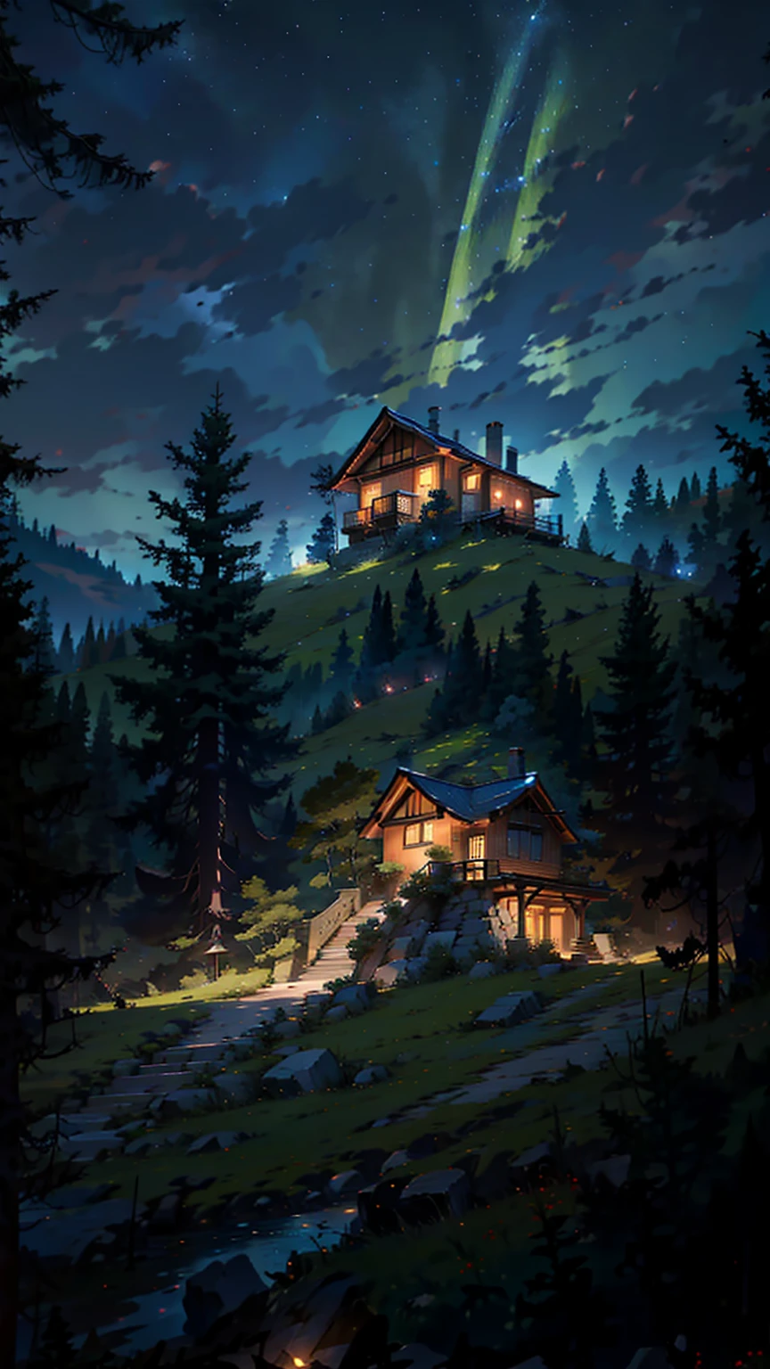 night , beautiful tree, a house , dynamic sky, beautiful hills , bonfire camping