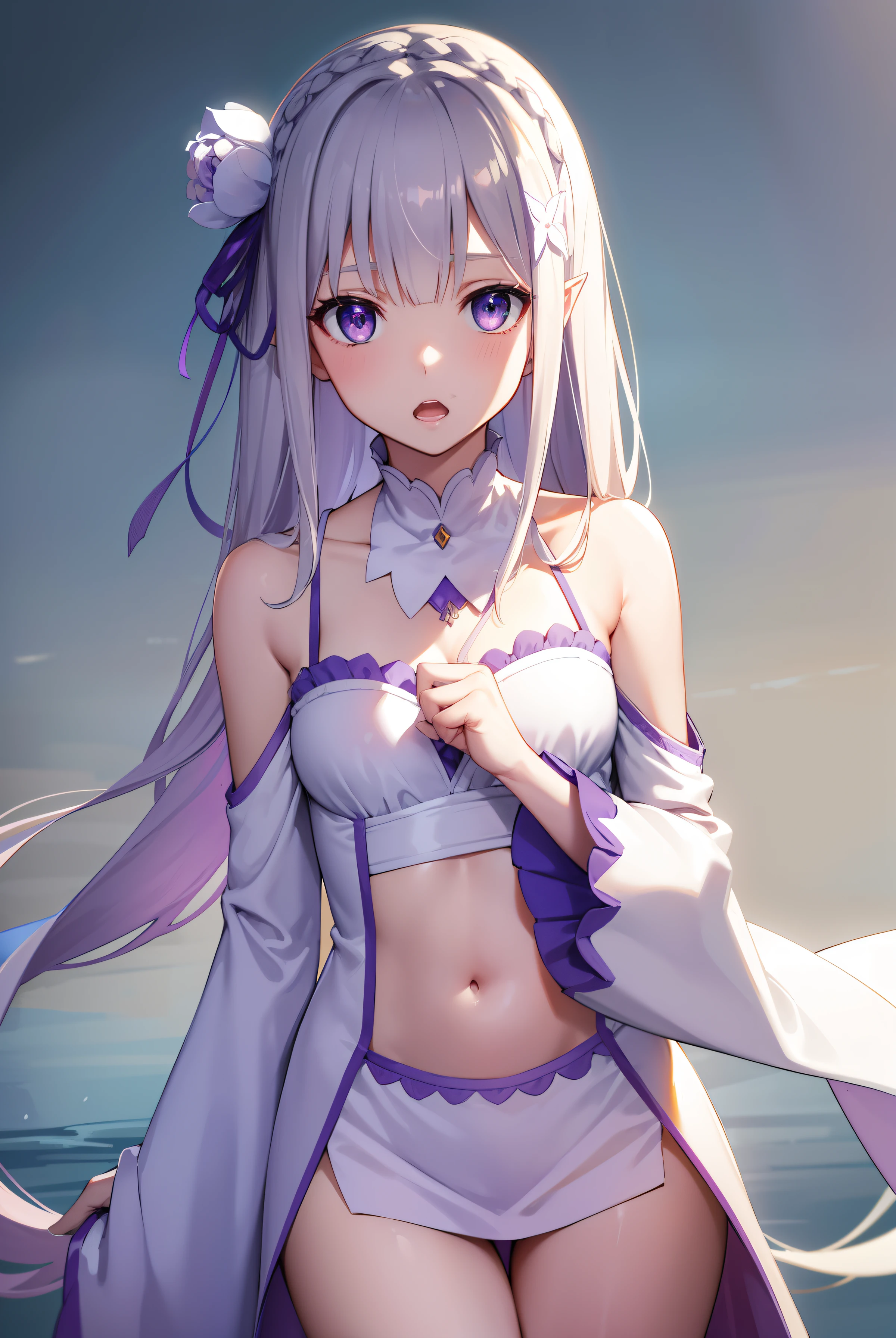 rezeroEmilia, Emilia, Braiding, crown Braiding, flower, hair flower, hair ornaments, Hair Ribbon, Long Hair, low-tied Long Hair, (Purple eyes:1.2), Pointed Ears, white flower, x hair ornaments, Open your mouth,
break bare shoulders, Detachable collar, dress, Long sleeve, low-tied Long Hair, belly button, pink dress, Shoulder cutouts, Thigh Gap, Wide sleeves,
break outdoors, city,
break looking at viewer, (Cowboy Shot:1.5),
break (masterpiece:1.2), Highest quality, High resolution, unity 8k wallpaper, (figure:0.8), (Beautiful attention to detail:1.6), Highly detailed face, Perfect lighting, Highly detailed CG, (Perfect hands, Perfect Anatomy),