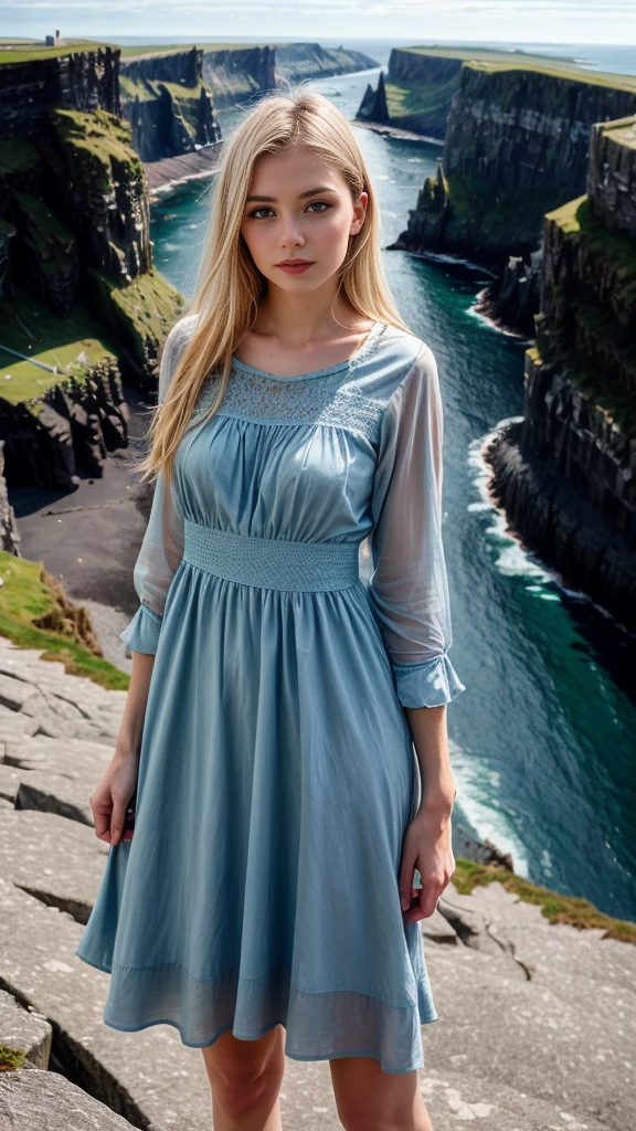 A beautiful europian girl, full body, wearing crepe de Chine dress, sky blue dress, standing on the edge of the Moher Cliffs. She is 24 years old, has white hair and light sky blue eyes. Her cloth is stylish and her overall appearance is stunning. The girl's face is extremely detailed with beautifully detailed lips. Her skin is anatomically correct with realistic textures. The image should have super high details and be of the best quality, with a resolution of 8K. The final result should be a masterpiece, showcasing the girl's beauty and the vibrant atmosphere of the ocean and Moher Cliffs
