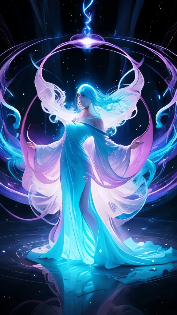 a woman in a long dress is standing in a swirling vortex, astral ethereal, flowing magical robe, channeling swirling energy, astral appearance, wearing flowing robes, portal to the ethereal realm, ethereal and otherworldly, strange ethereal being, flowing robes, swirling magical energy, an interdimensional being, beautiful celestial mage, ethereal angelic being of light