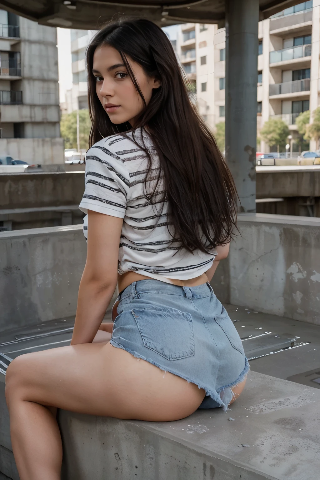 Beautiful 26 years old woman, 170cm high, 60 kg weight, white skin, long curly dark hair, gray eyes, wearing black and white stripes shirt, denim skirt, looking to somewhere else, (((concrete park))), sit on bench, natural morning light, realistic portrait, highly detailed, analog style, deep cleavage, ??????, ??????, (((full body))), wind blowing her hair, ???????????
