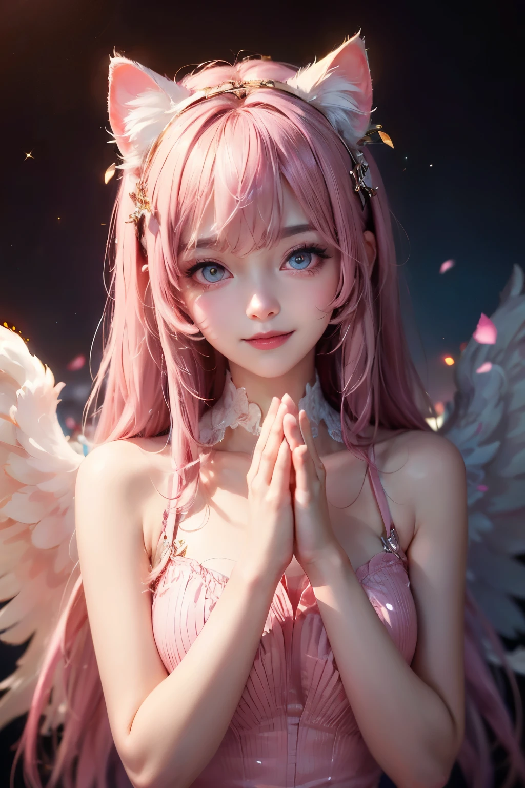 ((highest quality)), ((masterpiece)), (detailed), Perfect Face, Perfect cheeks, (goddess:1.2), pray, pink dress, (face forward:1.2), (alone), 8k, hair color pink, (Cat ear), (have confidence:1.1), pink eyes, (whole body), Sparkling Eyes, (big angel wings:1.2), smile, surprised eyes, young woman, open your eyes, join hands,
