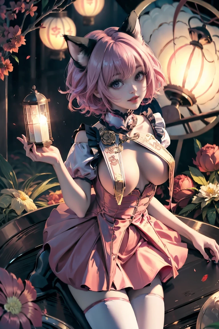 Ichigo Momomiya, Tokyo Mew Mew, short hair, pink hair, ornament hair, cat ears, perfectly body, perfectly hands,  flowing hair, maid, maid dress, maid headdress, maid apron, white apron, holding a lantern, Chinese lantern, shrine scenery, red roses on focus, gold lantern, Chinese style, Chinese maid dress, marsala dress, more details on her clothes, black dress with transparency, golden details, night, smiling, ((4k, masterpiece, top-quality)),8k, best quality, high resolution, HD, (illustration:0.8), super cute girl, delicate and beautiful face, mature girl, super cute hairstyle, (beautiful detailed eyes:1.6), extremely detailed face, perfect lighting, extremely detailed CG, (perfect hands, perfect anatomy), Best quality, cleavage, small skirt, full Body, two arms, two legs, two hands, five fingers