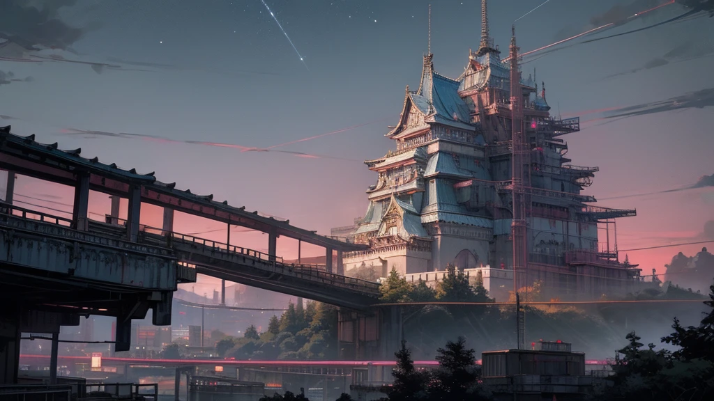 Cyberpunk Japanese Castle,Near-future castle town,Colorful neon city,night,A starry sky