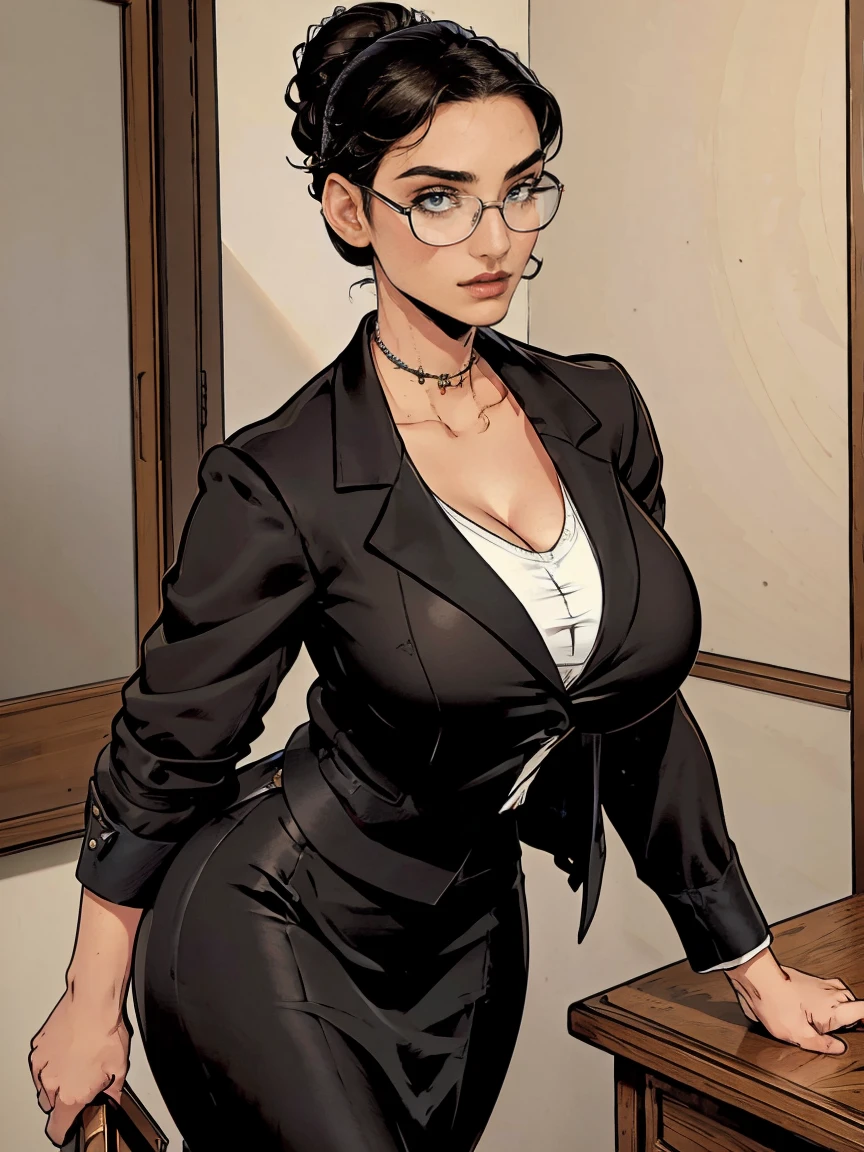 Gorgeous and sultry busty athletic (thin) brunette with sharp facial features and a (large nose) and (huge boobs) wearing a black blazer, white blouse and black pencil skirt, glasses, updo. Cleavage.