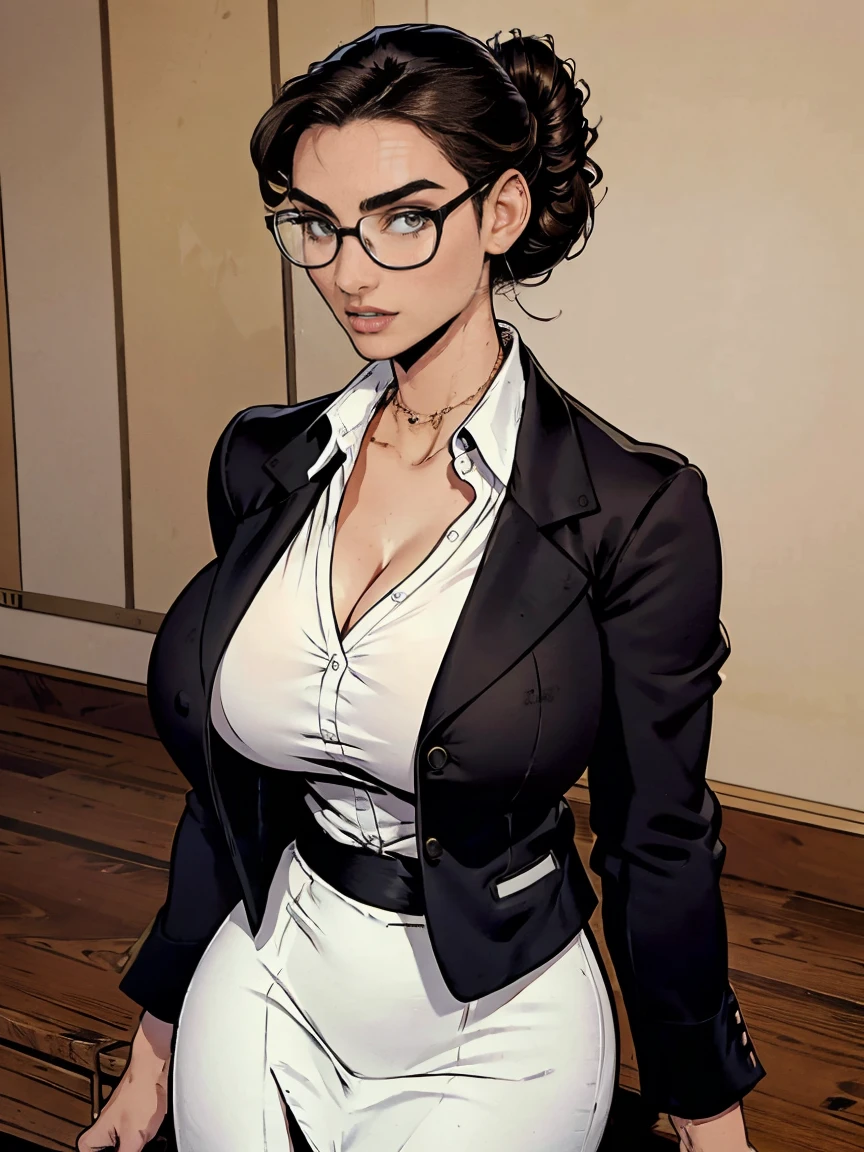 Gorgeous and sultry busty athletic (thin) brunette with sharp facial features and a (large nose) and (huge boobs) wearing a black blazer, white blouse and black pencil skirt, glasses, updo. Cleavage.