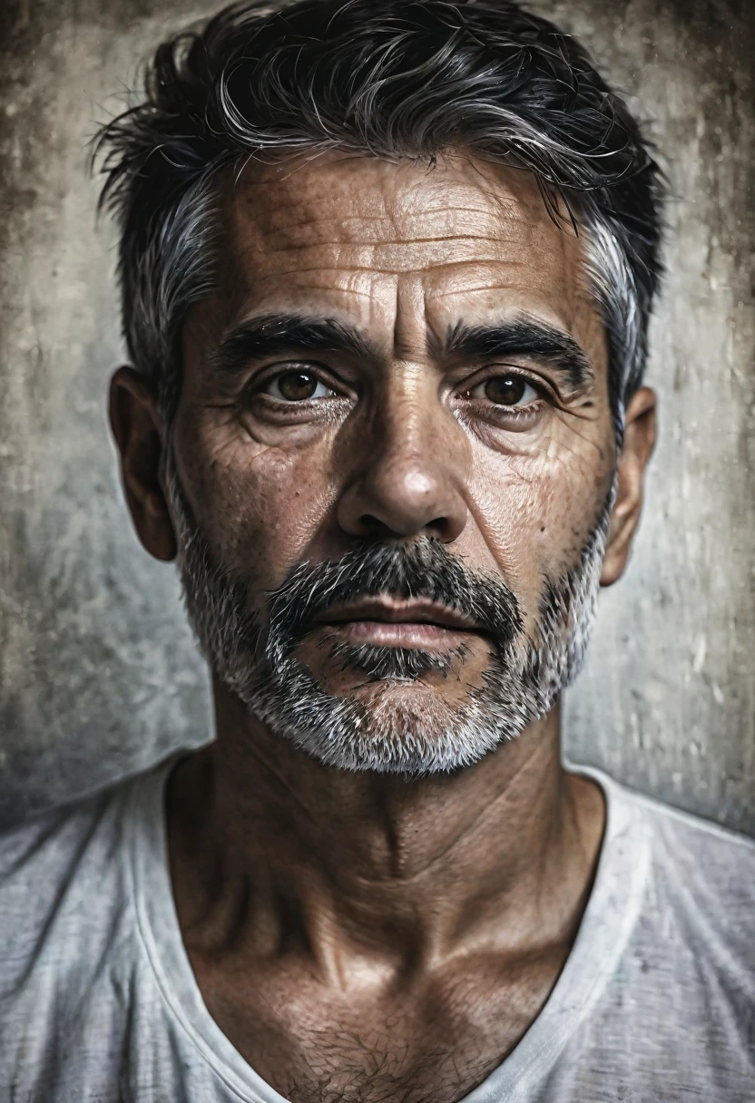 Retrato de Hombre blanco muy serio con fondo obscuro, imagen hiper realista