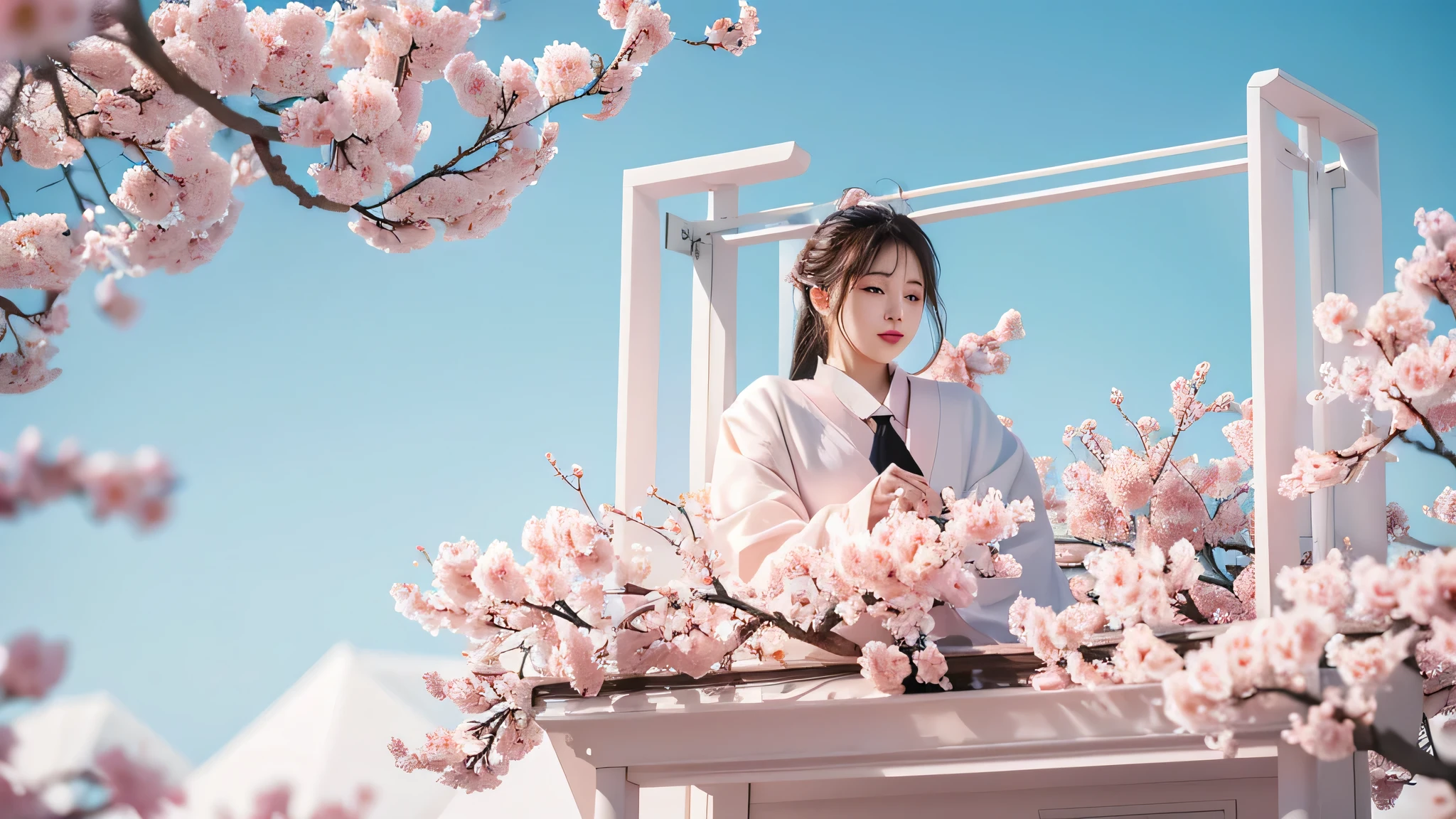 A screen is placed among the peach blossom branches,television ,White peach blossoms,television product rendering,White and pale pink shades,3d,OC Renderer,High quality local rendering, Clean 3D Rendering,Hyper-realistic 3D rendering