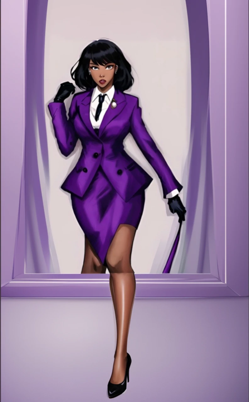 Black anime business woman in a purple skirt suit