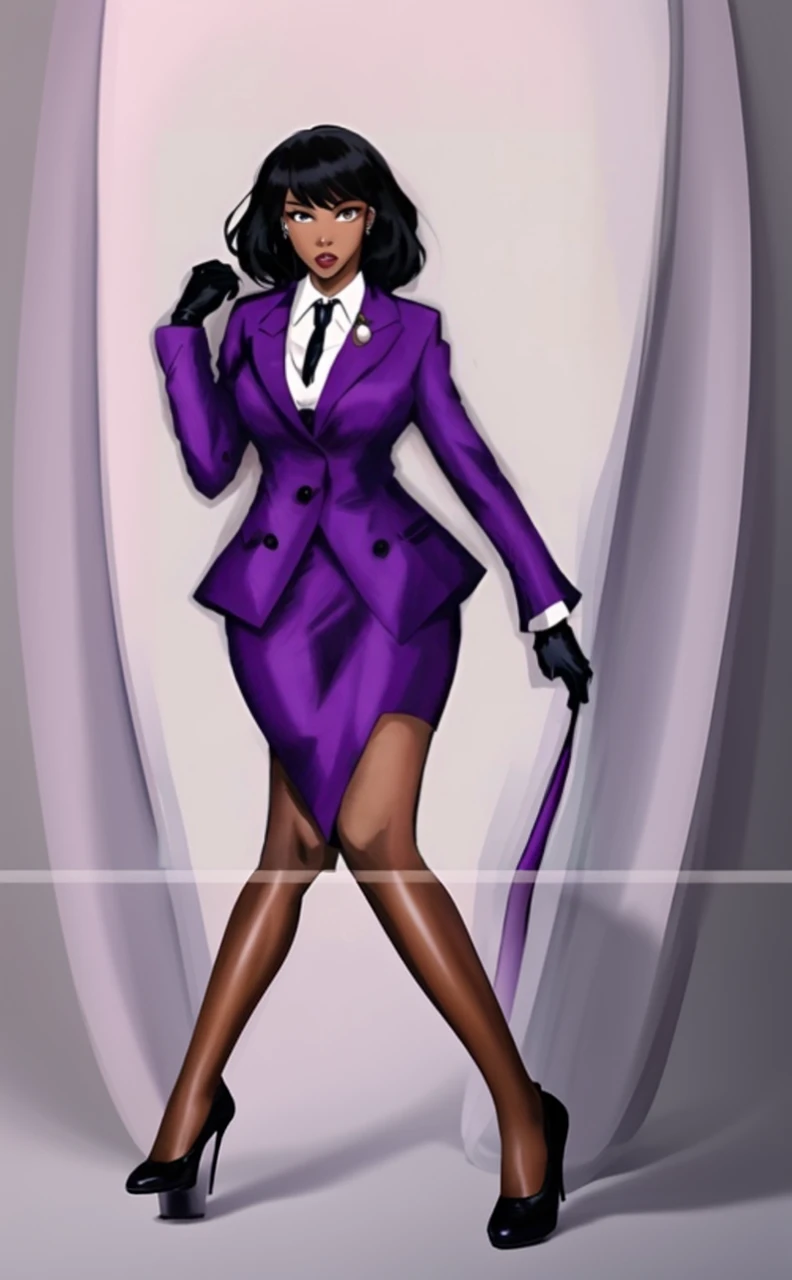 Black anime business woman in a purple skirt suit