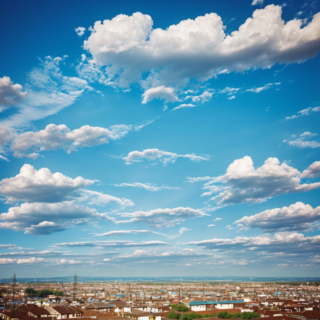 Retro photo, 60s style, clear blue sky with rare clouds, rainbow, some electric wires, city on horizon