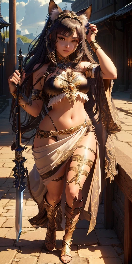 a woman in a costume with a cat ears and a sword, extremely detailed goddess shot, goddess. extremely high detail, hyperdetailed fantasy character, unreal engine render + a goddess, anime goddess, cinematic goddess body shot, a very beautiful berserker woman, highly detailed character, highly detailed and colored, full body close-up shot, wearing loincloth