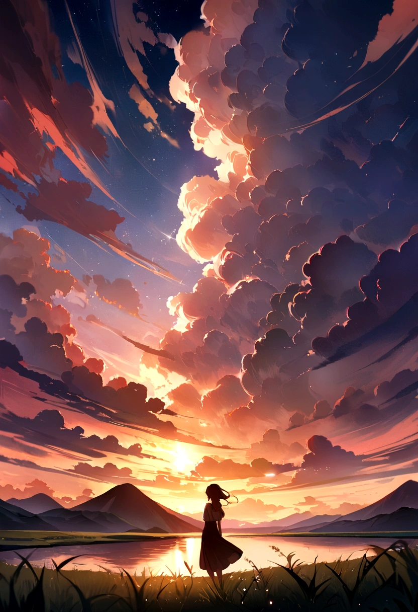 , river, Beautiful sunset, Big Clouds, Green Grass, Sad mood, Stars can be seen through the clouds, space, A ray of sunlight illuminates the world, masterpiece, Mountain々