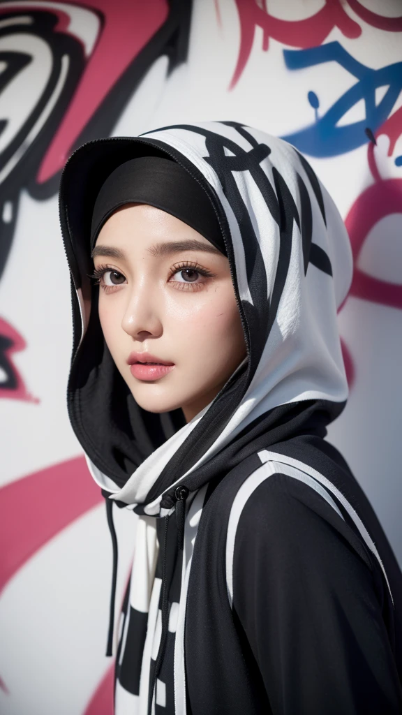 ,1girl, solo, pretty face, eyelashes, nose, glossy lips, (detailed eyes, looking at viewer, fair skin, white skin: 1.5), smooth skin, wearing hijab, 8k portrait of beauty in hijab, intricate, graceful, highly detailed, majestic, digital photography, hyper realistic, Masterpiece, Best Quality, All parts of the body except the face and hands are covered with clothing, Tudung, ((do not let the hair come out of the hijab)), full hijab, ((all parts of the body covered by clothes except the face)), Best Quality, (graffiti:1.5), paint splatter, army jacket, On wall, paint can, looking at viewer, head slanted, clothing color (Wear a hooded army jacket), cyberpunk city