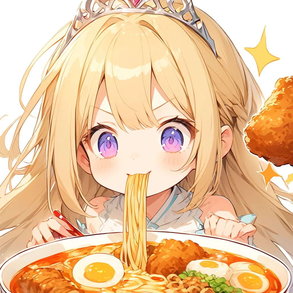 A with a princess tiara lurping ramen. Fried chicken is delicious.